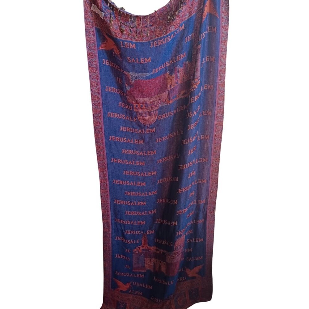 Jerusalem 100% Cashmere Scarf Shawl Fringe – Blue & Red Paisley Pattern 28x64"